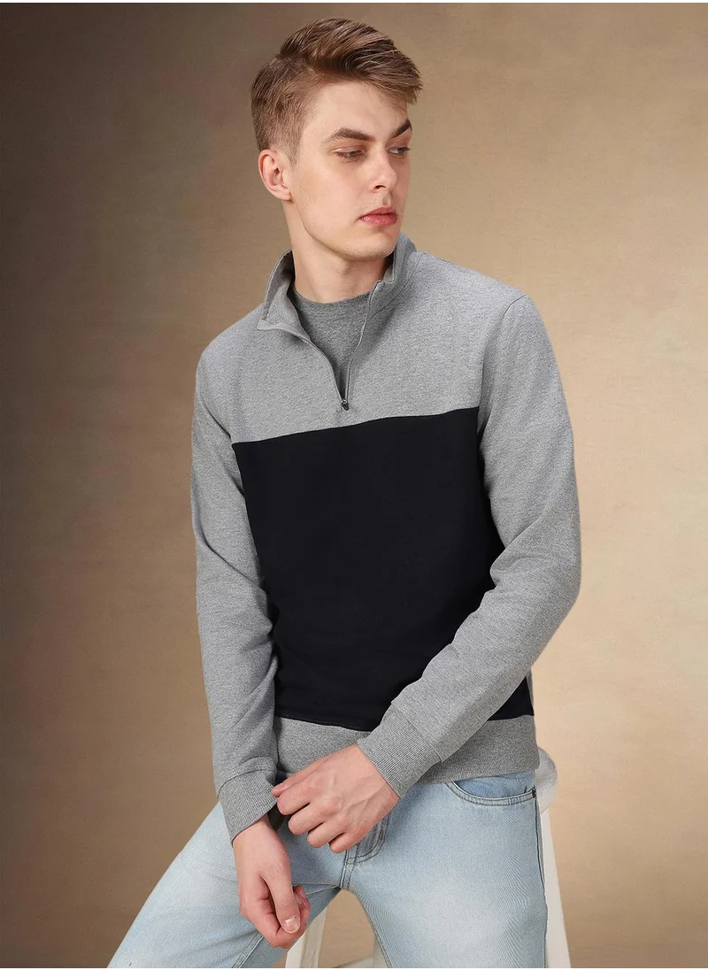 دينيس لينغو Men's Grey Melange Polyester Blend Colour Blocked Regular Fit Sweatshirt