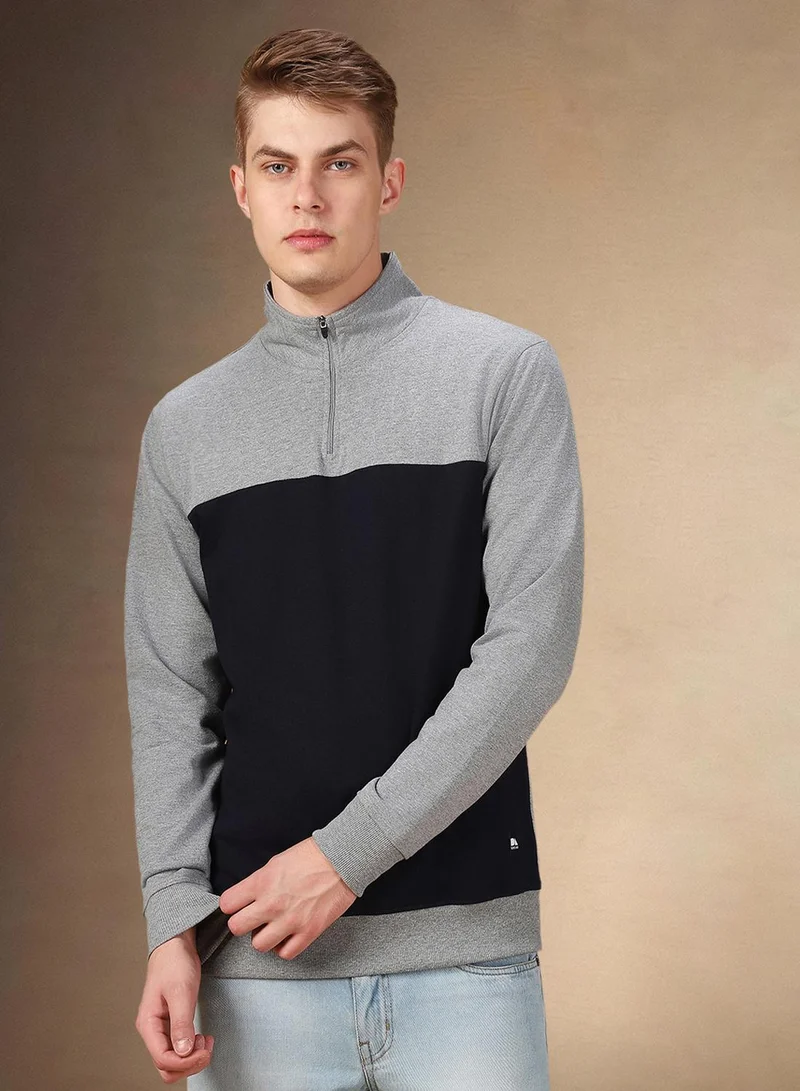Dennis Lingo Men's Grey Melange Polyester Blend Colour Blocked Regular Fit Sweatshirt
