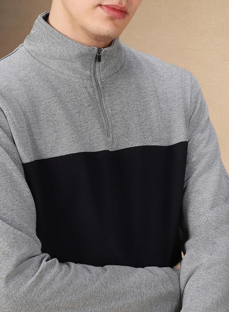 Dennis Lingo Men's Grey Melange Polyester Blend Colour Blocked Regular Fit Sweatshirt