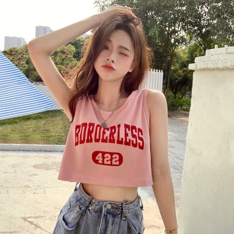 Hong Kong Style Sports Vest T-Shirt Women'S 2022 Summer Spice Girls Letter Printed Short Outer Wear Sleeveless Plus Size Top - Image 2