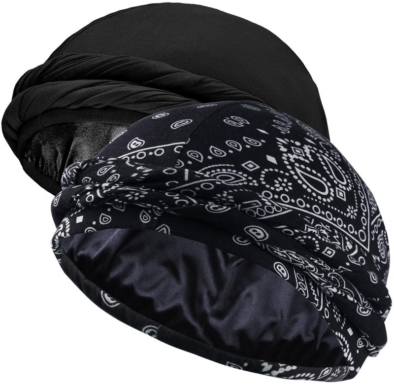 Ababalaya 2PCS Adjustable Satin Lined Halo Turban Durag for Men &Women, Sleeping Bonnet, Beanie Hats, PRE-Tied Headwraps for Hair Loss - Image 1