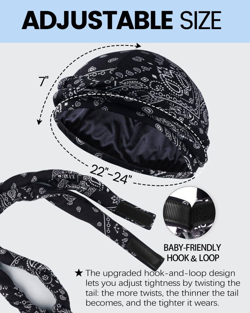 Ababalaya 2PCS Adjustable Satin Lined Halo Turban Durag for Men &Women, Sleeping Bonnet, Beanie Hats, PRE-Tied Headwraps for Hair Loss - Image 3