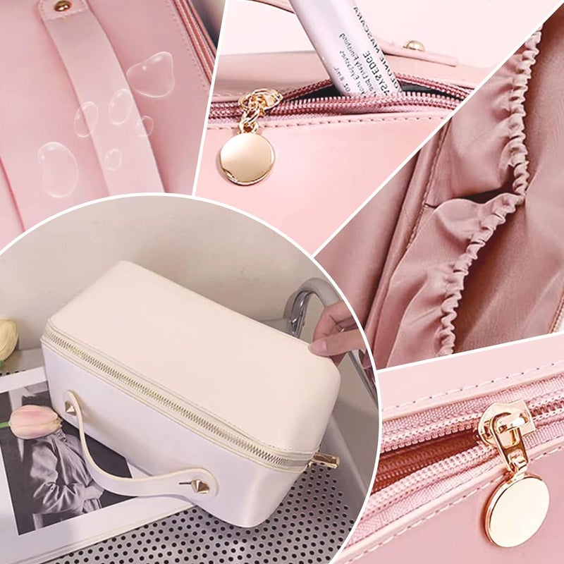 OffyBird Large Capacity Travel Makeup Bag for Women Portable Leather Cosmetic Organizer with Handle Divider Wide Opening Perfect for Toiletry Makeup Storage White - Image 2
