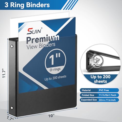 SUIN 1inch 3 Ring Binder with 2 Interior Pockets 1Durable Binders Holds US Letter Size 85 x 11 Paper Versatile Binders for Office Home and School Use 6 Pack Black - Image 3