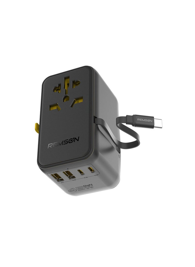 Remson Remson Omni Plug 45W GaN Travel Adapter Power Delivery with Built-in Retractable USB-C Cable for Rapid Charging / 2 USB-C Ports/ 2 USB-A Ports and 1 AC Socket  - Image 1