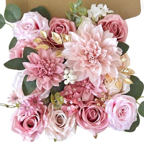 SilkRoselw Silk Artificial Flowers Combo Box Set Dusty Pink Roses Gold Flowers Blush Pink Bridal Wedding Bouquets Cake DIY Fake Floral with Stems Arrangements Baby Shower Party Table Centerpieces Home Decor - Image 1