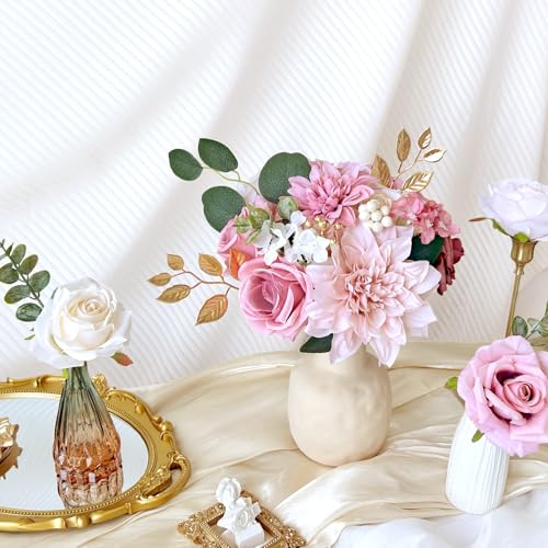 SilkRoselw Silk Artificial Flowers Combo Box Set Dusty Pink Roses Gold Flowers Blush Pink Bridal Wedding Bouquets Cake DIY Fake Floral with Stems Arrangements Baby Shower Party Table Centerpieces Home Decor - Image 3