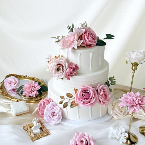 SilkRoselw Silk Artificial Flowers Combo Box Set Dusty Pink Roses Gold Flowers Blush Pink Bridal Wedding Bouquets Cake DIY Fake Floral with Stems Arrangements Baby Shower Party Table Centerpieces Home Decor - Image 4