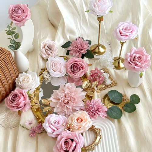 SilkRoselw Silk Artificial Flowers Combo Box Set Dusty Pink Roses Gold Flowers Blush Pink Bridal Wedding Bouquets Cake DIY Fake Floral with Stems Arrangements Baby Shower Party Table Centerpieces Home Decor - Image 2