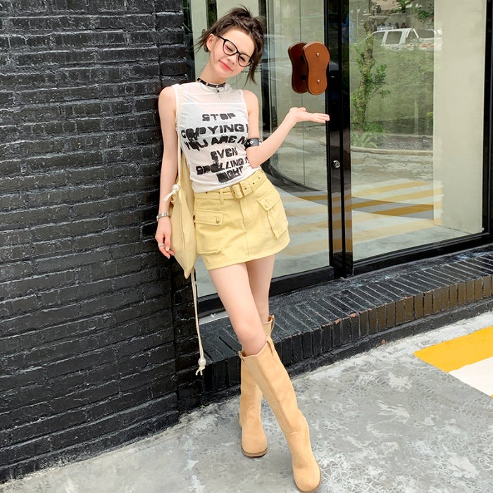 2023 Yellow High-Waist Denim Skirt for Women Egg yolk culottes