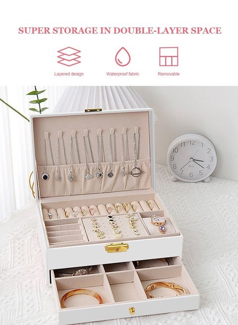 2-Layer PU Leather Jewellery Storage Box Lightweight Multifunction Jewelry Case for Women White