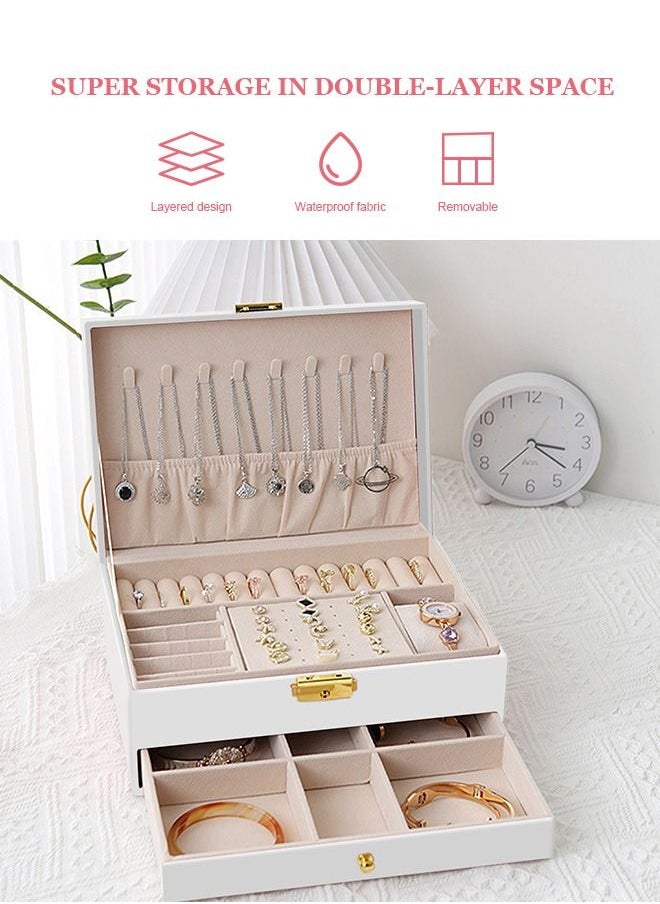 HomarKet - 2-Layer PU Leather Jewellery Storage Box Lightweight Multifunction Jewelry Case for Women White - Image 1