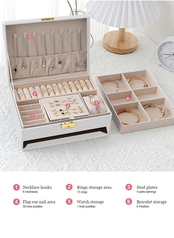 HomarKet - 2-Layer PU Leather Jewellery Storage Box Lightweight Multifunction Jewelry Case for Women White - Image 1