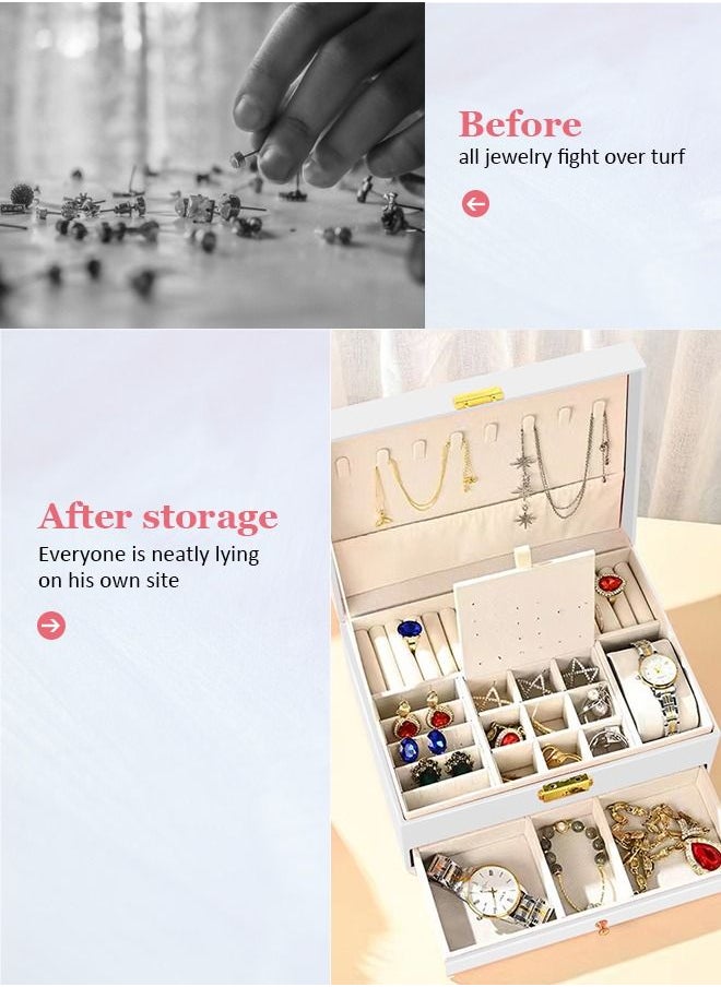 HomarKet - 2-Layer PU Leather Jewellery Storage Box Lightweight Multifunction Jewelry Case for Women White - Image 1