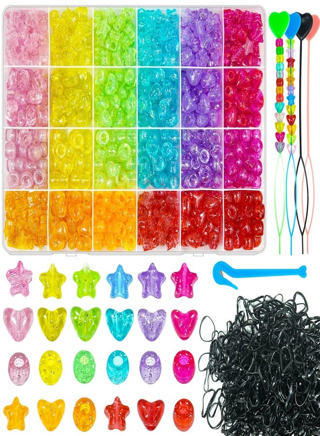 Wavlakth 1680 Pcs Pony Beads Heart Star Hair Bead for Girl Braid, Acrylic Star Heart Glitter Sparkle Large Hole Pony Beads with Elastic Rubber Band Threaders Kit for Hair Bracelets Jewelry Making - Image 1
