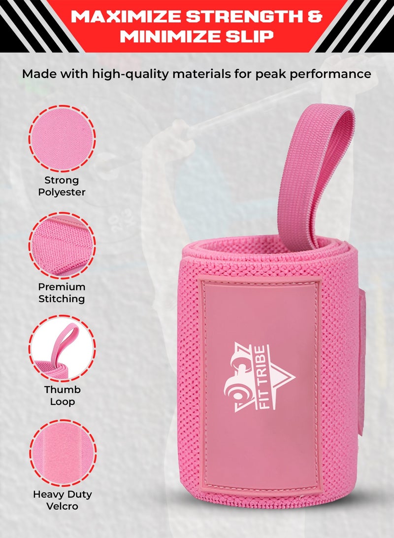 FIT TRIBE Workout Wrist Straps for Powerlifting - Premium Wrist Support for Men & Women - Thumb Loops for Extra Grip and Comfort - Ideal for Weightlifting and Intense Workouts (Pink) - Image 2