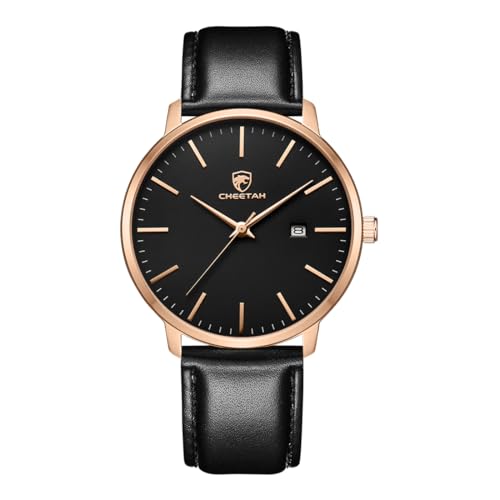 CHEETAH Minimalist Waterproof Quartz Watches for Men Rose Gold Case with Black Leather Strap Auto Date - Image 1