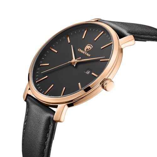 CHEETAH Minimalist Waterproof Quartz Watches for Men Rose Gold Case with Black Leather Strap Auto Date - Image 3