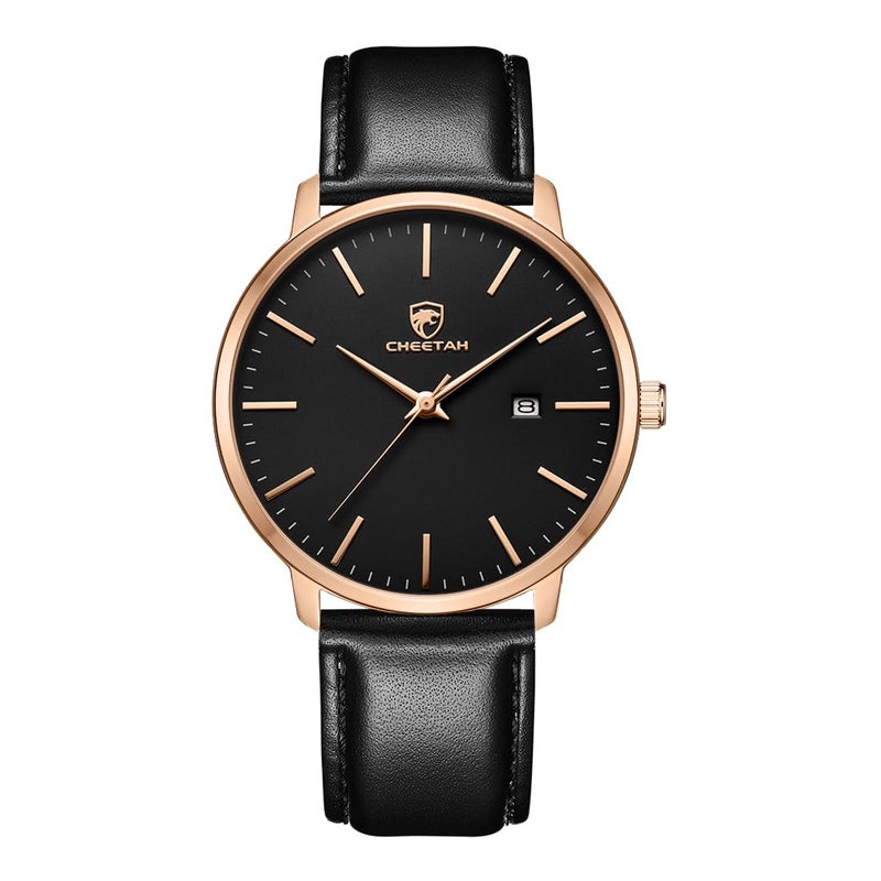 CHEETAH Minimalist Waterproof Quartz Watches for Men Rose Gold Case with Black Leather Strap Auto Date - Image 2