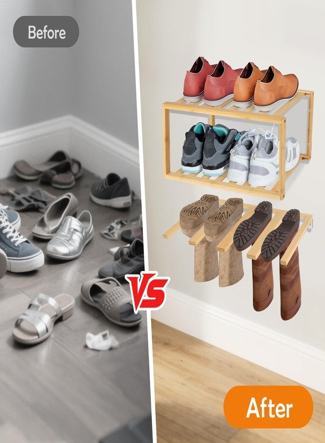 JAYOBGO Boot Hangers Hanging Shoe Rack Wall Mounted Floating Tall Boot Holder, Bamboo Wader Organizer 3-Tier Display Shoe Rack, Holds 6 Pairs, for Entryway, Hallway, Bedroom, Garage - Image 5