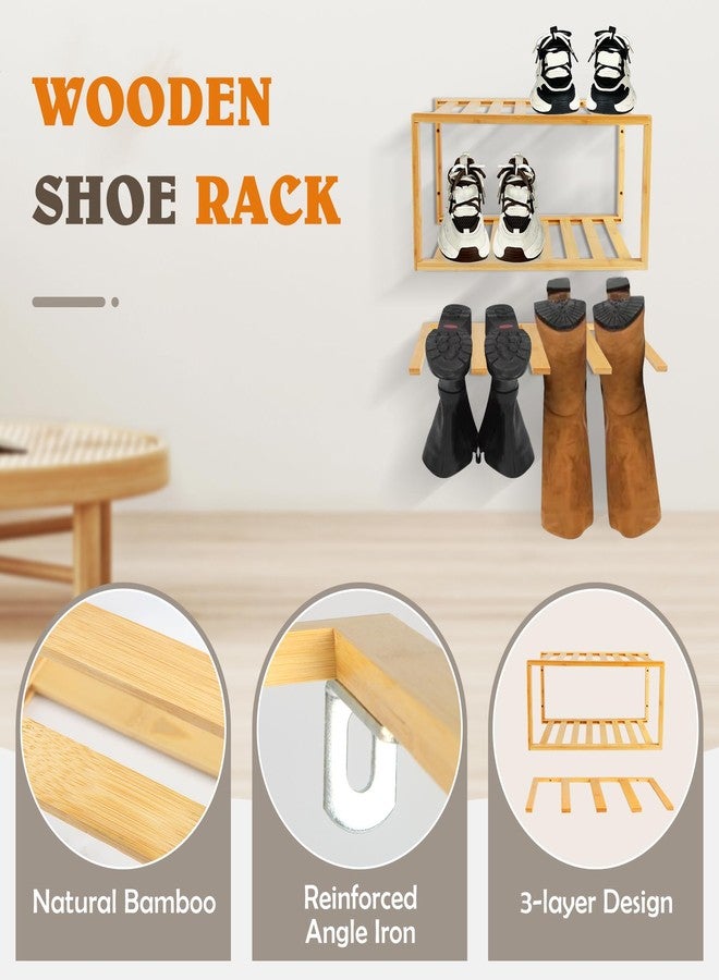JAYOBGO Boot Hangers Hanging Shoe Rack Wall Mounted Floating Tall Boot Holder, Bamboo Wader Organizer 3-Tier Display Shoe Rack, Holds 6 Pairs, for Entryway, Hallway, Bedroom, Garage - Image 4