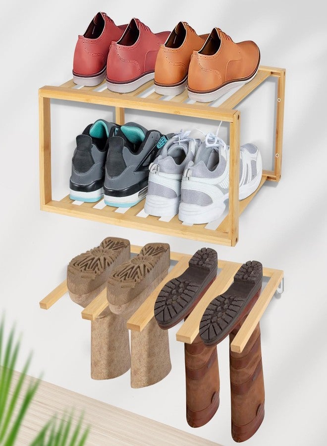 JAYOBGO Boot Hangers Hanging Shoe Rack Wall Mounted Floating Tall Boot Holder, Bamboo Wader Organizer 3-Tier Display Shoe Rack, Holds 6 Pairs, for Entryway, Hallway, Bedroom, Garage - Image 1