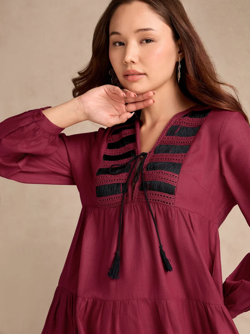 OUTZIDR Wine Relaxed Fit Flared Dress With Embroidered On Yoke