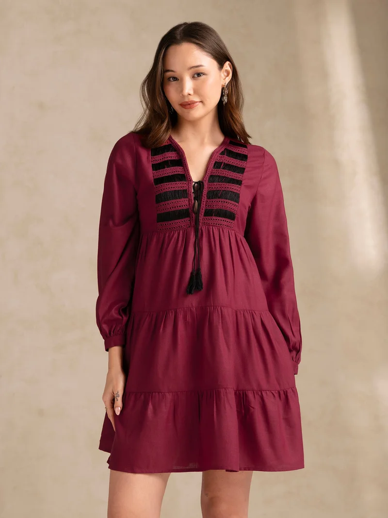 OUTZIDR Wine Relaxed Fit Flared Dress With Embroidered On Yoke