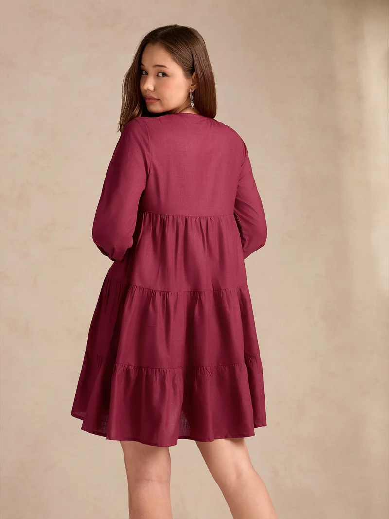 Outzidr  Wine Relaxed Fit Flared Dress With Embroidered On Yoke for Women | Best Price UAE