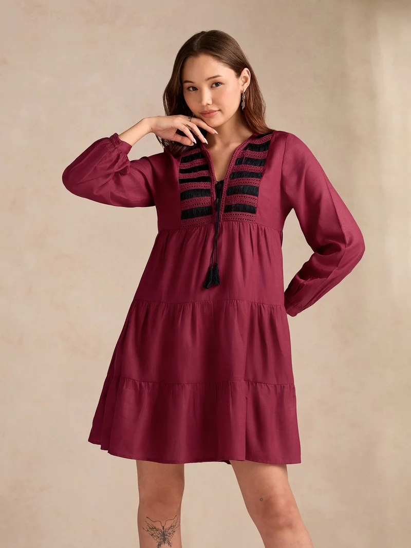 Outzidr  Wine Relaxed Fit Flared Dress With Embroidered On Yoke for Women | Best Price UAE