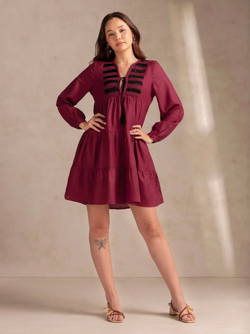 Outzidr  Wine Relaxed Fit Flared Dress With Embroidered On Yoke for Women | Best Price UAE
