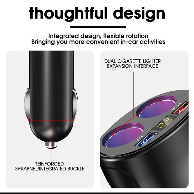STHIRA® Car Charger, 120W Car Cigarette Lighter Splitter with QC3.0 & 3.1A USB Ports 12V/24V Car Charger Car Lighter Adapter with LED Voltage Display Car Charger Fast Charging for GPS Dash Cam Phone - Image 2