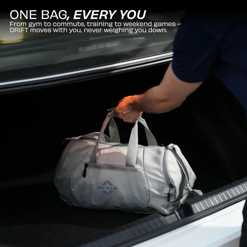 نيفيا Nivia Drift Gym Bag - Spacious Compartment, Ventilated Shoe Pocket, and Quick Access Zipper Pockets - 22 Litres Capacity (Grey)