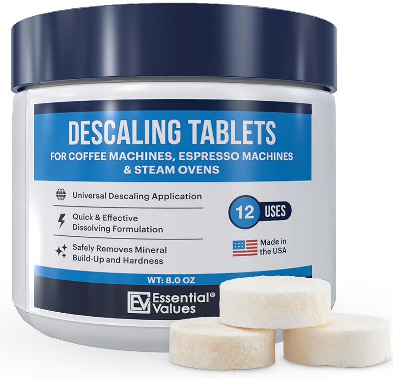 Essential Values Descaling Tablets (12 Count/Up to 12 Uses) for Jura, Miele, Bosch, Tassimo Espresso Machines and Miele Steam Ovens (1 Pack) - Image 1