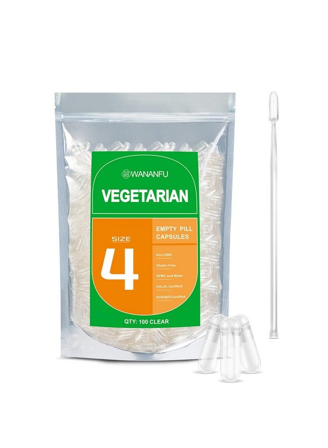 wananfu Size 4 Empty Capsules Vegetarian (100 Count) Bundle with 2 Micro Lab Spoons, Clear Fillable Veggie Pill Capsules Size 4 for Making Your Own Supplements - Image 1