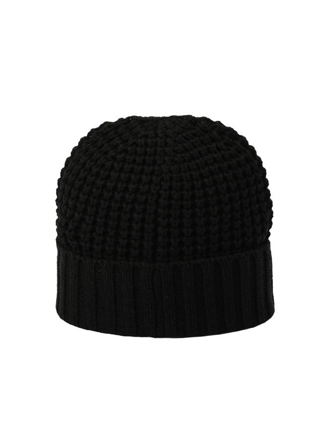 Allsaints Mens Waffle Stitch Beanie, Knit Hat with Logo Design, Wool Blend, Cindeer Black Marl - Image 3