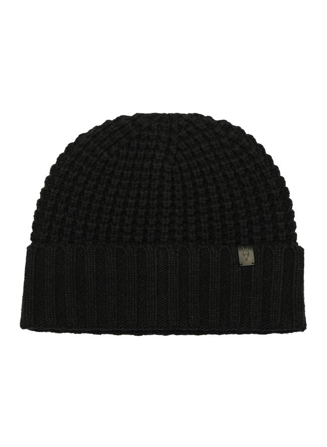 Allsaints Mens Waffle Stitch Beanie, Knit Hat with Logo Design, Wool Blend, Cindeer Black Marl - Image 2