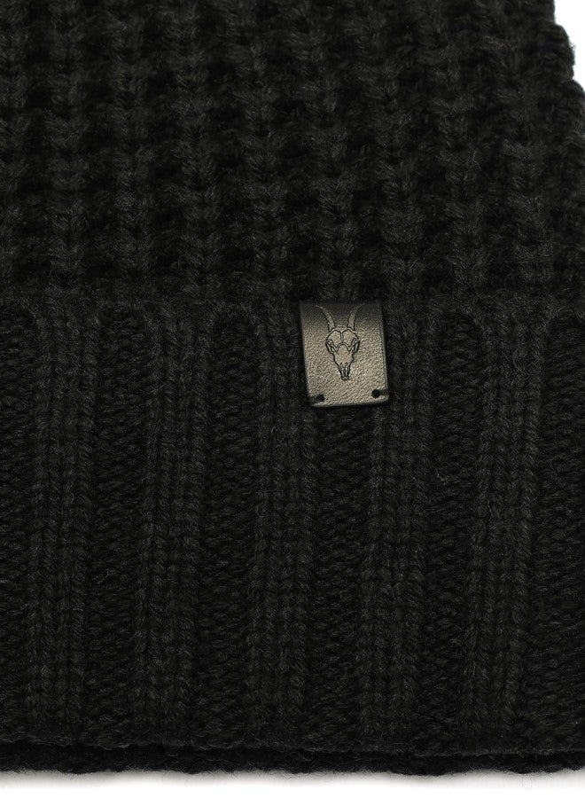 Allsaints Mens Waffle Stitch Beanie, Knit Hat with Logo Design, Wool Blend, Cindeer Black Marl - Image 4