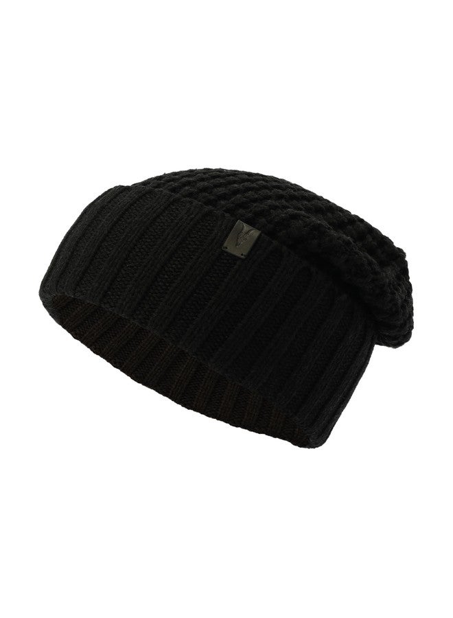 Allsaints Mens Waffle Stitch Beanie, Knit Hat with Logo Design, Wool Blend, Cindeer Black Marl - Image 1