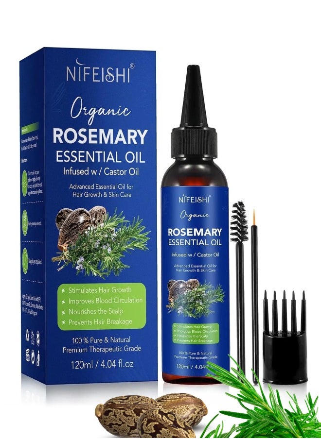 NIFEISHI - 120ml Rosemary Essential Oil with Castor Oil for Hair Growth and Skin Care Improve Blood Circulation Nourish Scalp & Prevent Hair Breakage Pure Organic Rosemary Essential Oil Infused with Castor Oil - Image 1