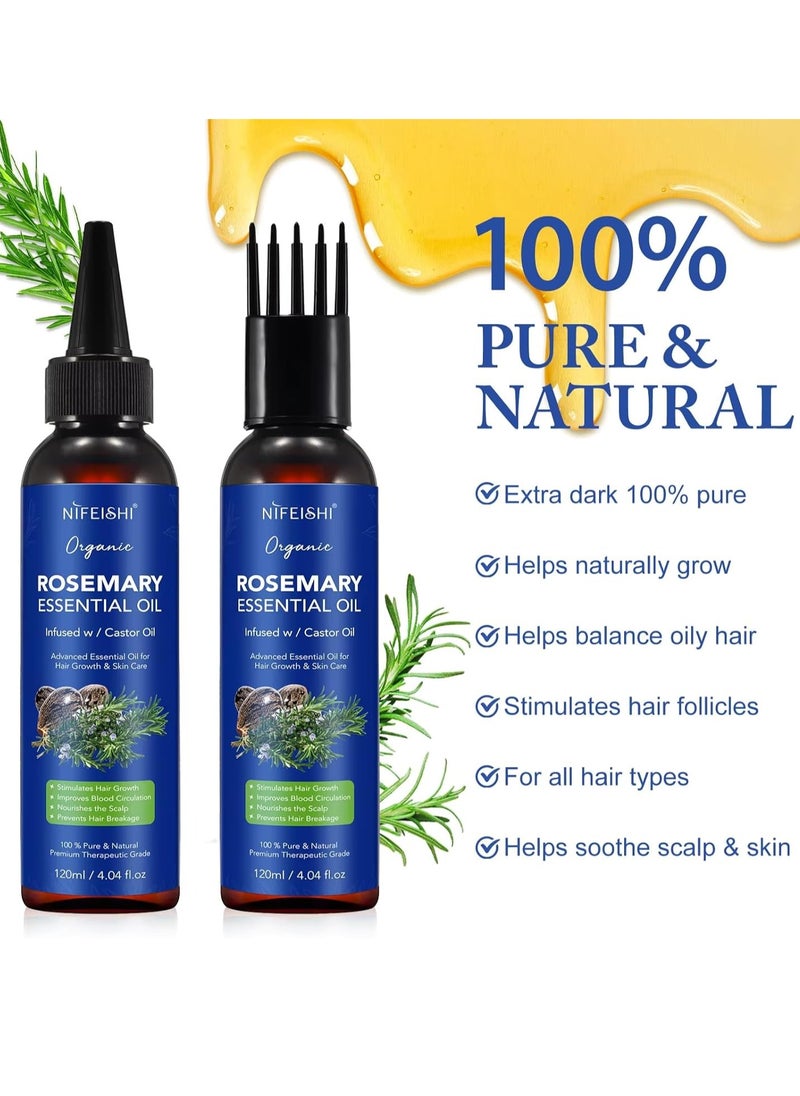 NIFEISHI - 120ml Rosemary Essential Oil with Castor Oil for Hair Growth and Skin Care Improve Blood Circulation Nourish Scalp & Prevent Hair Breakage Pure Organic Rosemary Essential Oil Infused with Castor Oil - Image 1