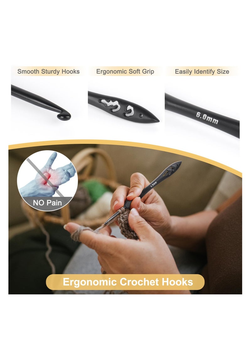 9 Sizes Crochet Hooks, Black Crochet Needles, Ergonomic Soft Grip Aluminum Crochet Hook Set, Lightweight Knitting u0026 Crochet Supplies, for Arthritic Hands Beginners Kids Adults 2.0mm(B)-6.0mm(J) - Image 4