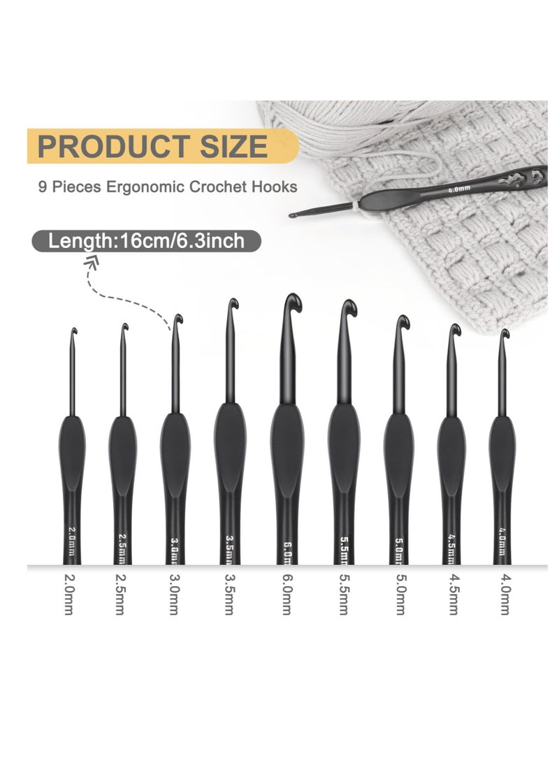 9 Sizes Crochet Hooks, Black Crochet Needles, Ergonomic Soft Grip Aluminum Crochet Hook Set, Lightweight Knitting u0026 Crochet Supplies, for Arthritic Hands Beginners Kids Adults 2.0mm(B)-6.0mm(J) - Image 2