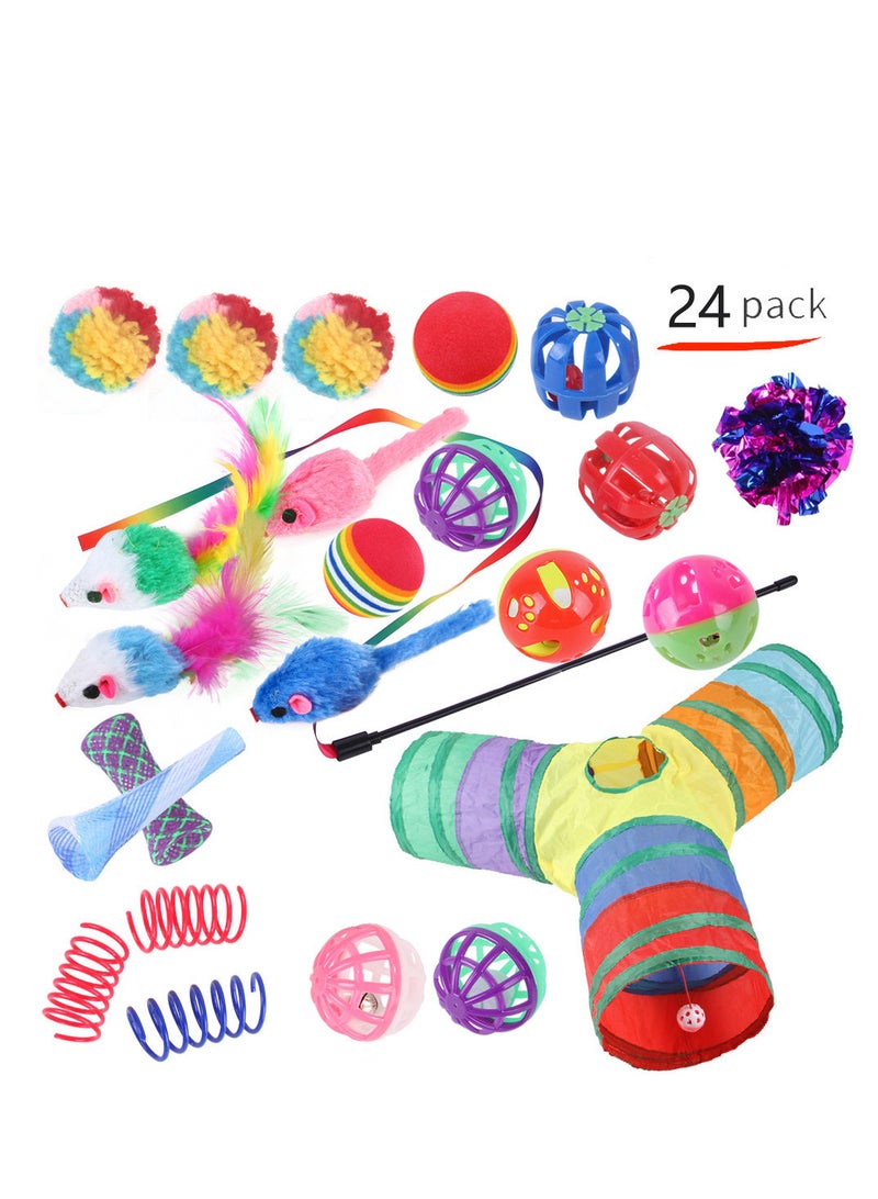 MissTiara 24 قطعة ألعاب قطط، ألعاب جراء القطط، ألعاب قطط تفاعلية ملحقات للقطط الداخلية، نفق قطط، عصا ترفيه متنوعة مع ريش، ألعاب قطط لجرو القطط للعض، سمكة نبتة القطط، فئران، كرات لعشاق الحيوانات الأليفة القطط - Image 1