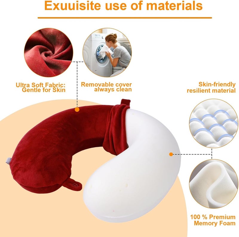 Far win Travel Pillow,100% Pure Memory Foam U Shaped Neck Pillow,Super Lightweight Portable Headrest Great for Airplane, Car,Home,Office,Sleeping Rest (Wine red) - Image 4