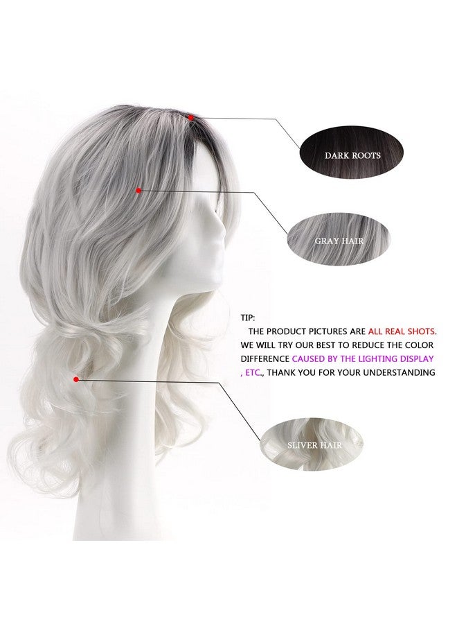 RENERSHOW Ombre Gray Wave Curly Wigs For Women Long Sliver Grey Wavy Wig Synthetic Wig - Image 3