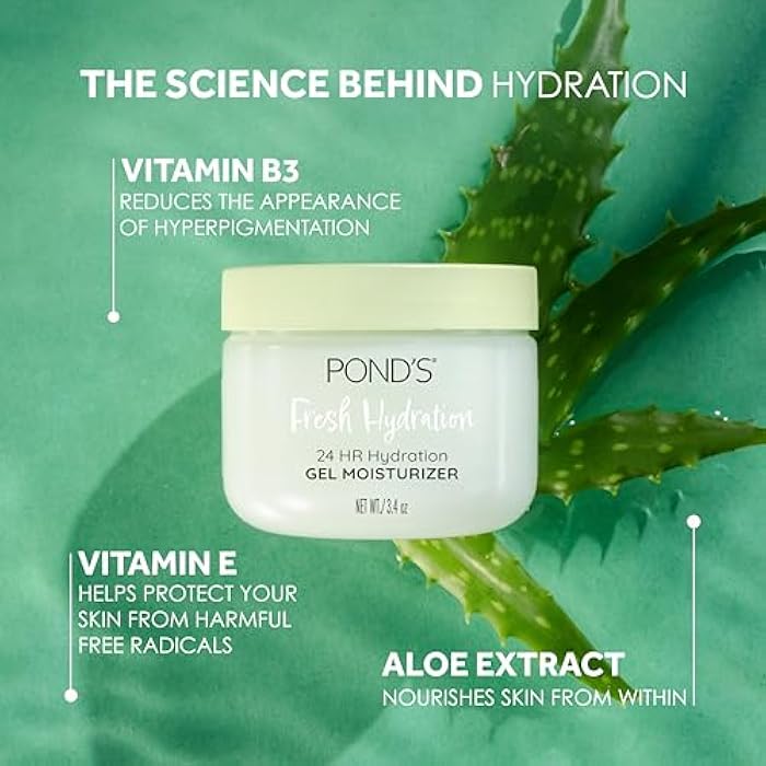 Pond's POND’S Fresh Hydration Gel Moisturizer – 24 HR Hydration with Aloe Vera Extract, Vitamin E & B3 Niacinamide – Alcohol & Oil-Free Face Moisturizer – Dermatologist Tested, 3.4 oz - Image 2