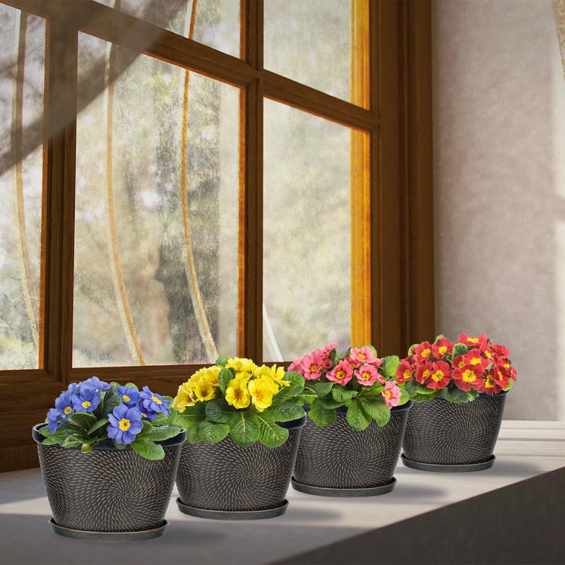 Quarut 4 Pack 6 Inch Flower Pots for Outdoor Indoor, Plastic Plant Pots with Drainage Hole & Saucer, Lightweight Small Flower Pot, Circle Pattern Planters for Garden House plantersï¼ˆBlack Copperï¼‰ - Image 2