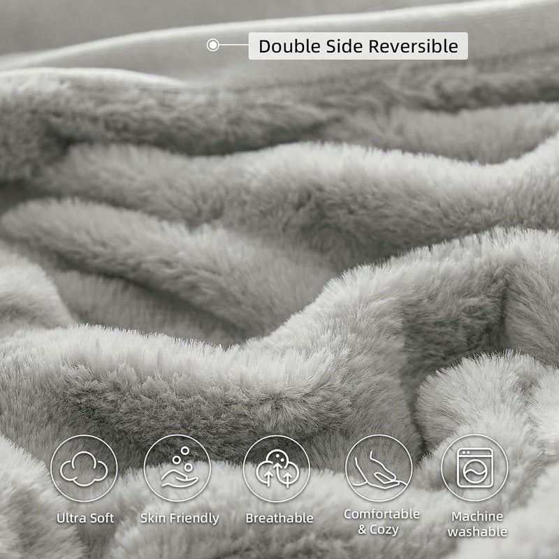 PHF Fluffy Ruched Faux Fur Twin Size Blanket for Couch,Cozy Plush Soft Luxury Warm for Fall Winter,Reversible Furry Thick Lightweight Blanket for Bed Sofa,Aesthetic Room Decor,Twin(152cm x 203cm), Grey - Image 2