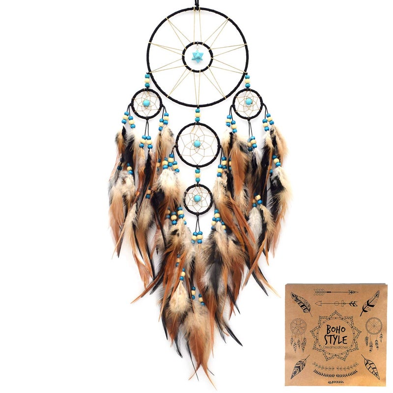 Urdeoms Big Brown Dream Catcher Wall Decor for Girls Women Boho Dream Catchers for Bedroom Adult Boys Teen Room Decor with Turquoise Hanging Ornament and Feathers Blessing GiftsNO31